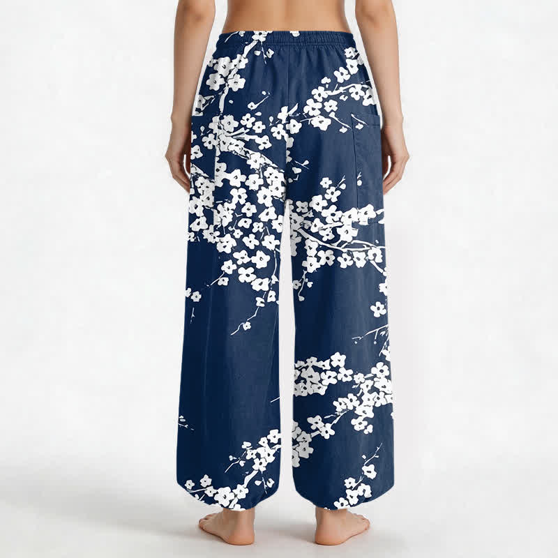 Buddha Stones Cotton White Plum Blossom Pattern Women's Elastic Waist Harem Pants With Side Pockets - image 2