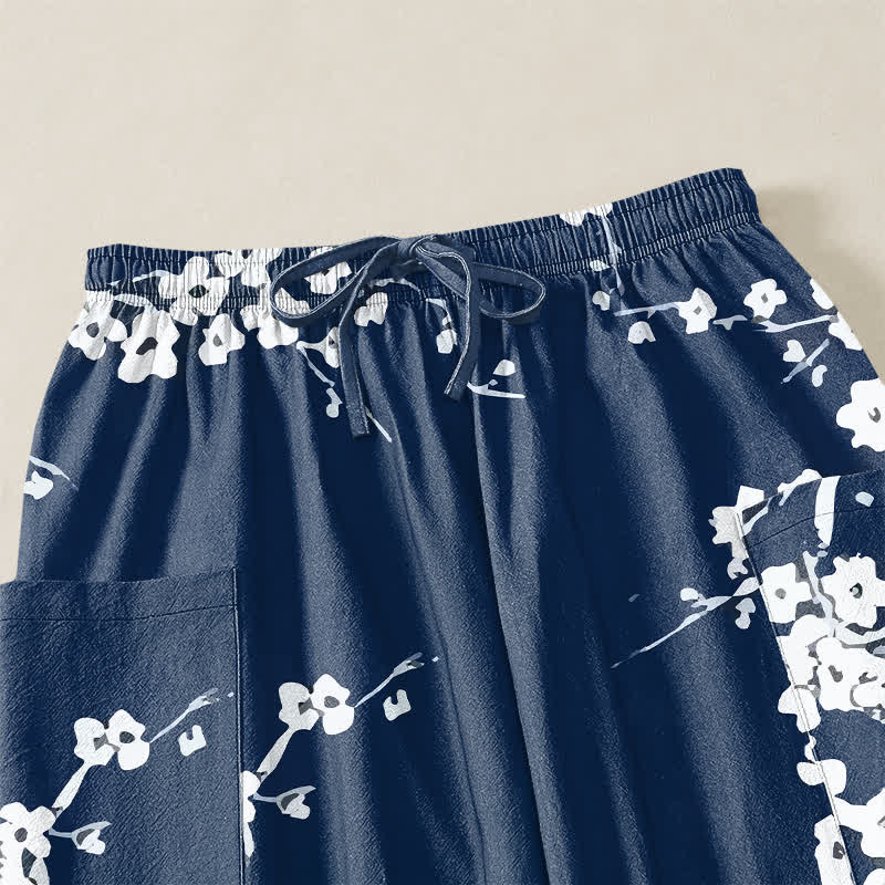 Buddha Stones Cotton White Plum Blossom Pattern Women's Elastic Waist Harem Pants With Side Pockets - image 5