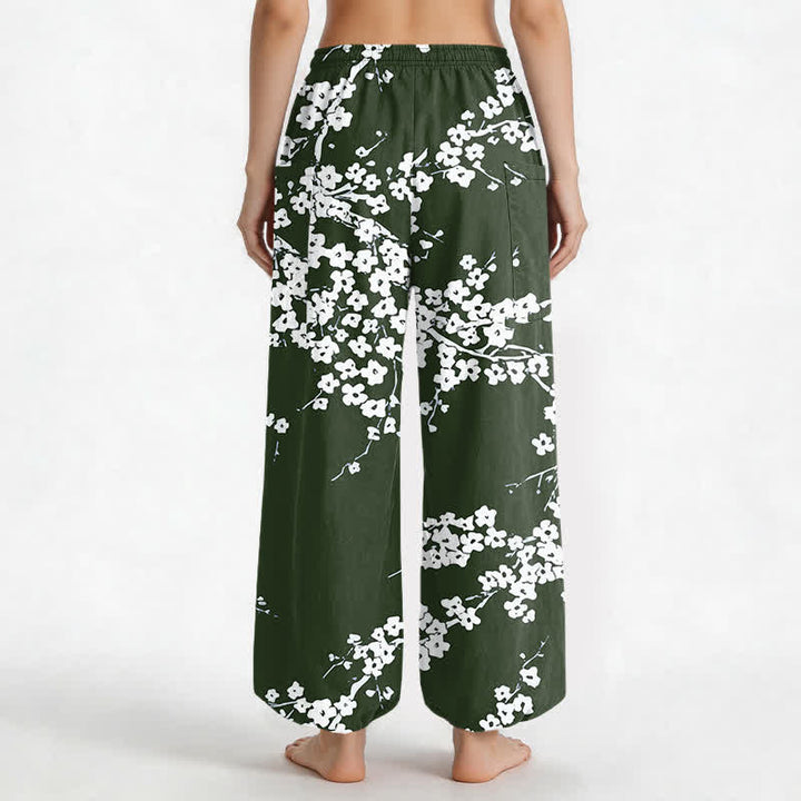 Buddha Stones Cotton White Plum Blossom Pattern Women's Elastic Waist Harem Pants With Side Pockets - image 9