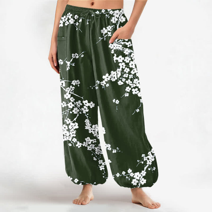 Buddha Stones Cotton White Plum Blossom Pattern Women's Elastic Waist Harem Pants With Side Pockets - DarkGreen - US16，UK/AU20，EU48 (3XL) - image 7