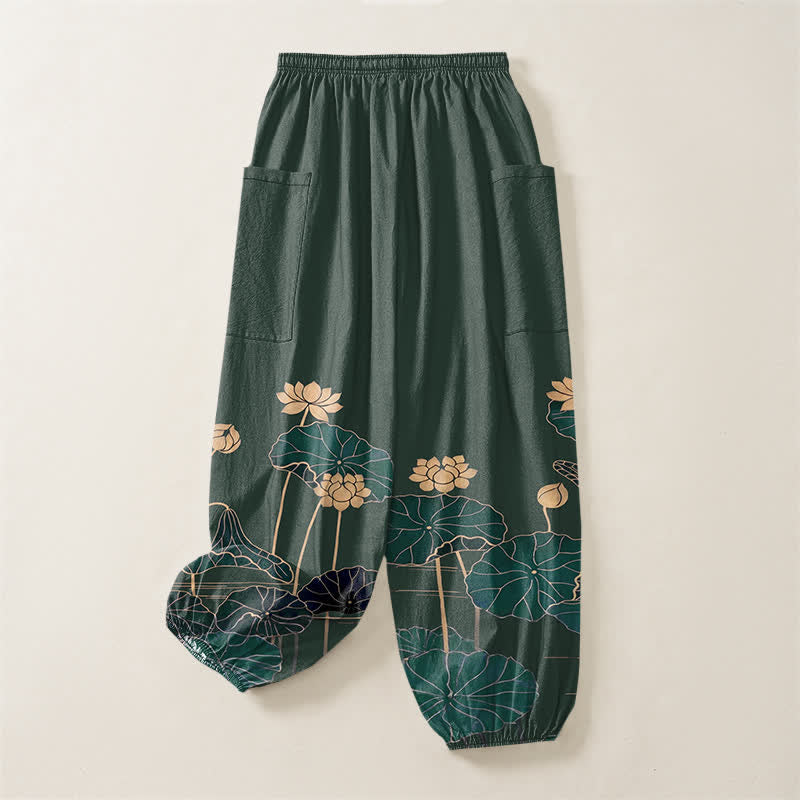 Buddha Stones Cotton Zen Lotus Garden Pattern Women's Elastic Waist Harem Pants With Side Pockets - image 4