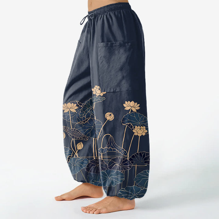 Buddha Stones Cotton Zen Lotus Garden Pattern Women's Elastic Waist Harem Pants With Side Pockets - image 8