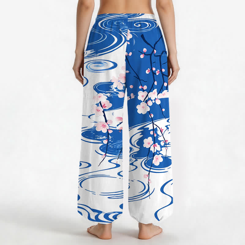 Buddha Stones Cotton Cherry Blossom Water Ripple Pattern Women's Elastic Waist Harem Pants With Side Pockets - image 2