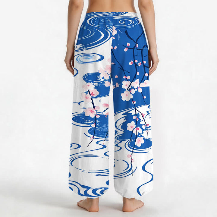 Buddha Stones Cotton Cherry Blossom Water Ripple Pattern Women's Elastic Waist Harem Pants With Side Pockets - image 2