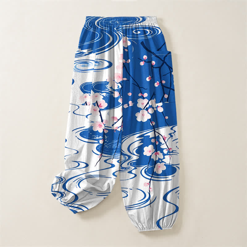 Buddha Stones Cotton Cherry Blossom Water Ripple Pattern Women's Elastic Waist Harem Pants With Side Pockets - image 4