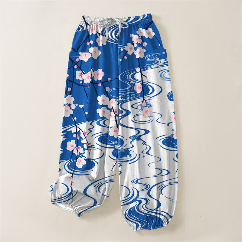Buddha Stones Cotton Cherry Blossom Water Ripple Pattern Women's Elastic Waist Harem Pants With Side Pockets - image 3