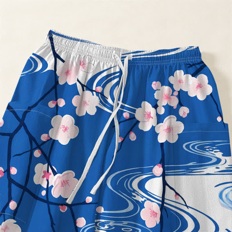 Buddha Stones Cotton Cherry Blossom Water Ripple Pattern Women's Elastic Waist Harem Pants With Side Pockets - image 5