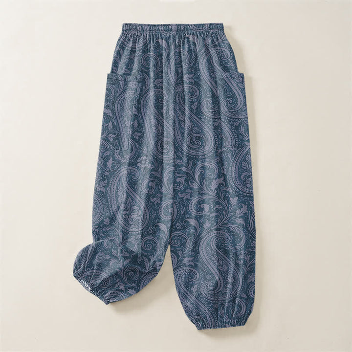 Buddha Stones Cotton Vintage Paisley Pattern Women's Elastic Waist Harem Pants With Side Pockets - image 4