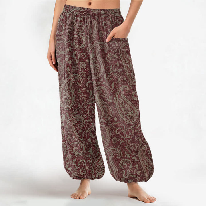Buddha Stones Cotton Vintage Paisley Pattern Women's Elastic Waist Harem Pants With Side Pockets - Maroon - US16，UK/AU20，EU48 (3XL) - image 7