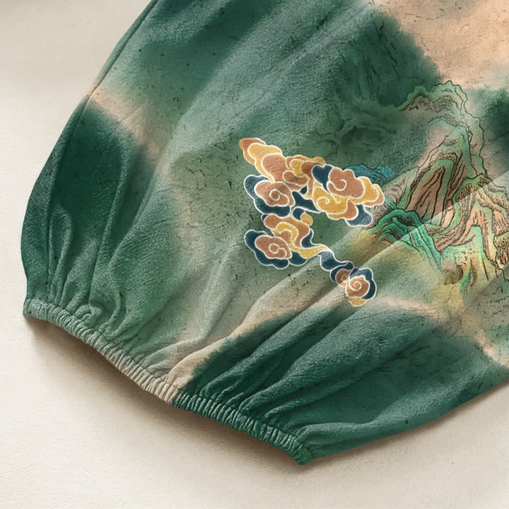 Buddha Stones Cotton Misty Landscape Motif Pattern Women's Elastic Waist Harem Pants With Side Pockets - image 6