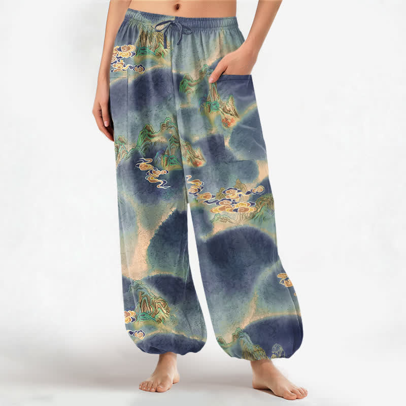 Buddha Stones Cotton Misty Landscape Motif Pattern Women's Elastic Waist Harem Pants With Side Pockets - SteelBlue - US16，UK/AU20，EU48 (3XL) - image 7