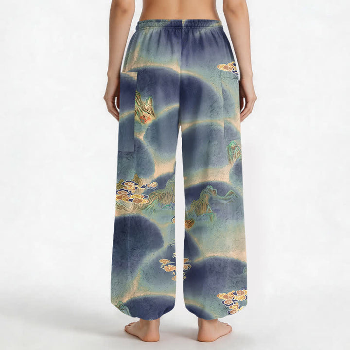 Buddha Stones Cotton Misty Landscape Motif Pattern Women's Elastic Waist Harem Pants With Side Pockets - image 9