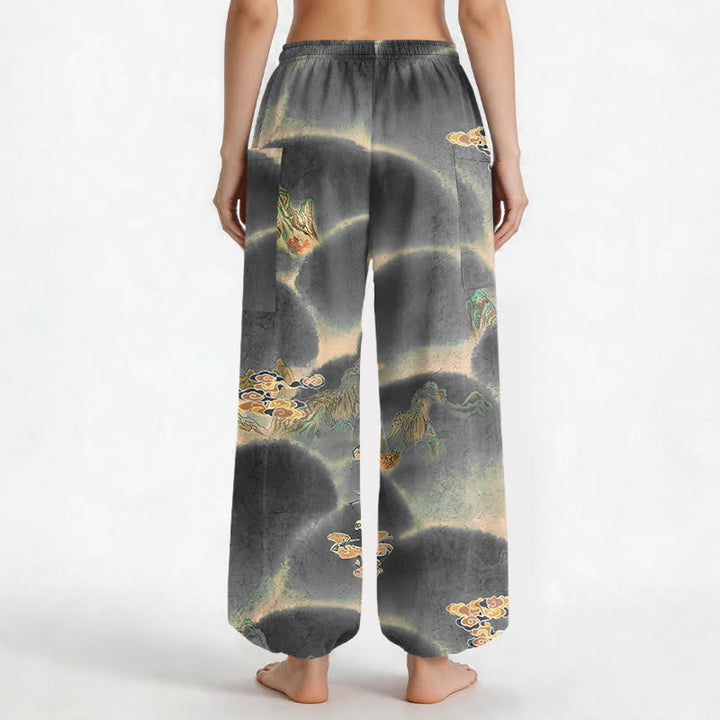 Buddha Stones Cotton Misty Landscape Motif Pattern Women's Elastic Waist Harem Pants With Side Pockets - image 12