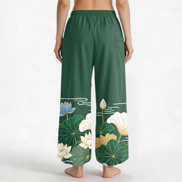 Buddha Stones Cotton Lotus Leaf Wave Pattern Women's Elastic Waist Harem Pants With Side Pockets - image 2