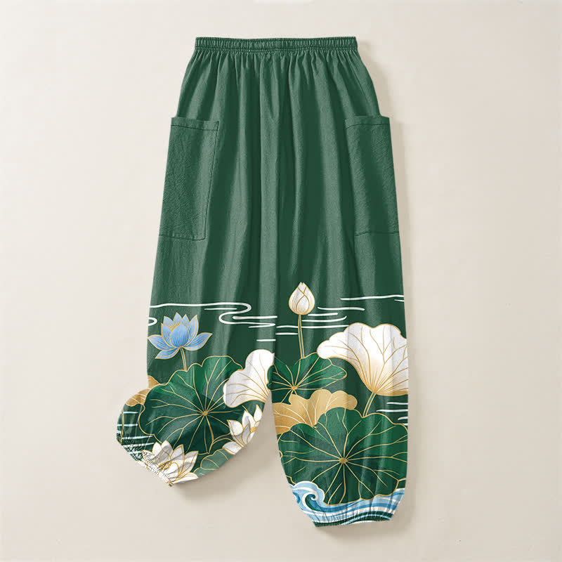 Buddha Stones Cotton Lotus Leaf Wave Pattern Women's Elastic Waist Harem Pants With Side Pockets - image 4