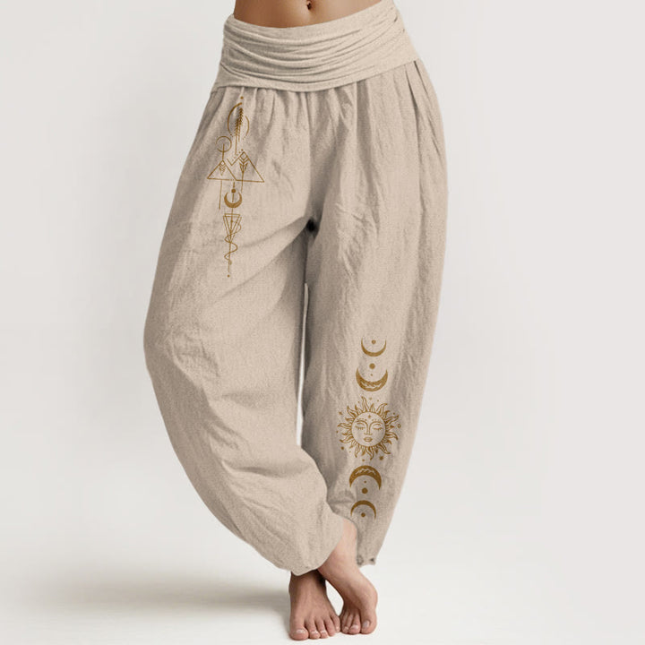 Buddha Stones Pure Cotton Concise Sun Moon Geometric Pattern Women's Elastic Waist Harem Pants - Tan - US16，UK/AU20，EU48 (3XL) - image 11