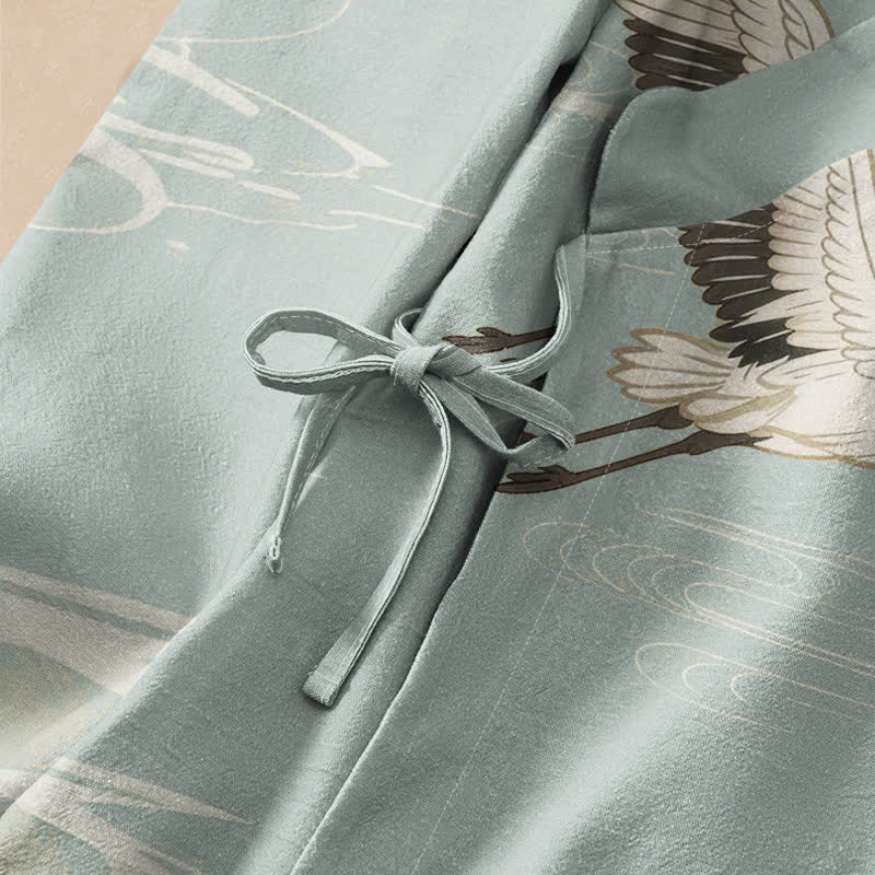 Buddha Stones Cotton Flying Crane Water Ripple Print Hanfu Style Wrap V-Neck Lace-up Women's Long Sleeve Shirts Kimono - image 3