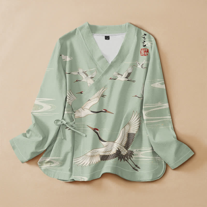Buddha Stones Cotton Flying Crane Water Ripple Print Hanfu Style Wrap V-Neck Lace-up Women's Long Sleeve Shirts Kimono - PaleGreen - US16，UK/AU20，EU48 (3XL) - image 5