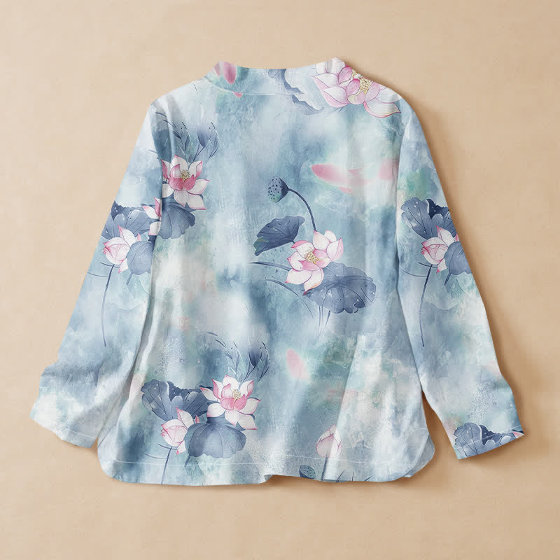Buddha Stones Cotton Lotus Blossom Print Hanfu Style Wrap V-Neck Lace-up Women's Long Sleeve Shirts Kimono - image 8