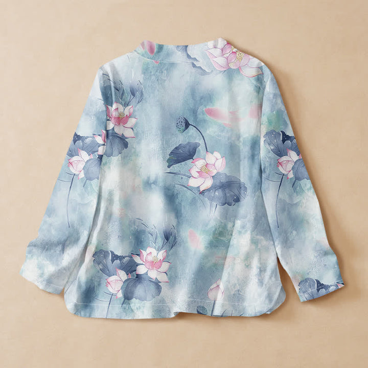 Buddha Stones Cotton Lotus Blossom Print Hanfu Style Wrap V-Neck Lace-up Women's Long Sleeve Shirts Kimono - image 8
