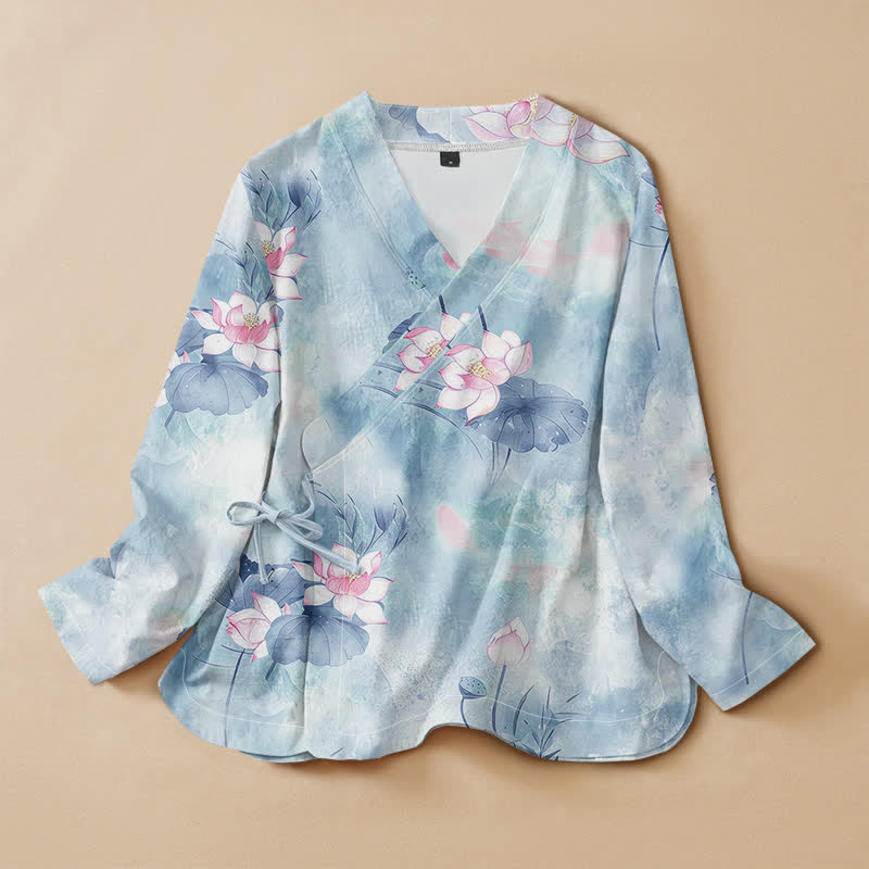 Buddha Stones Cotton Lotus Blossom Print Hanfu Style Wrap V-Neck Lace-up Women's Long Sleeve Shirts Kimono - PowderBlue - US16，UK/AU20，EU48 (3XL) - image 7