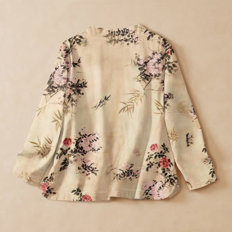 Buddha Stones Cotton Bamboo Blossom Print Hanfu Style Wrap V-Neck Lace-up Women's Long Sleeve Shirts - image 1