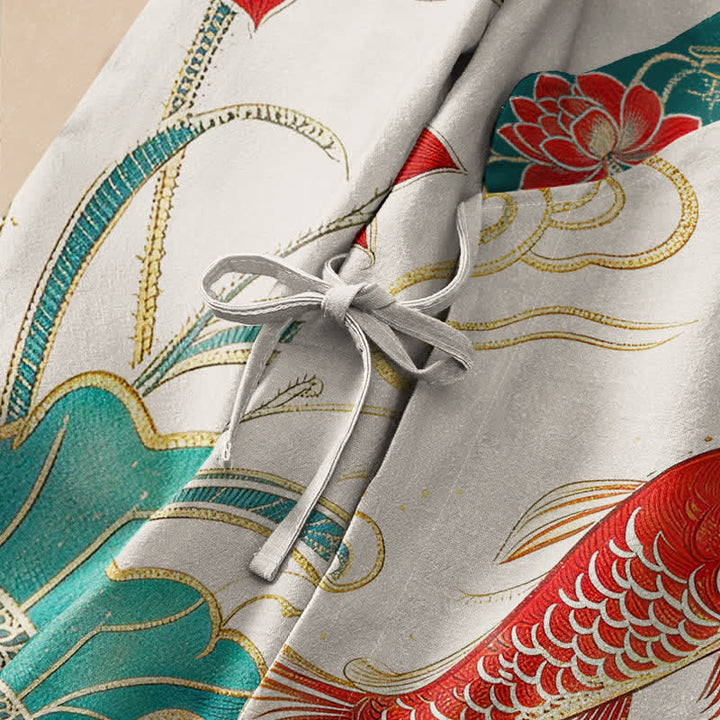 Buddha Stones Cotton Koi Lotus Cloud Pattern Wrap V-Neck Lace-up Women's Long Sleeve Shirts Kimono - image 3