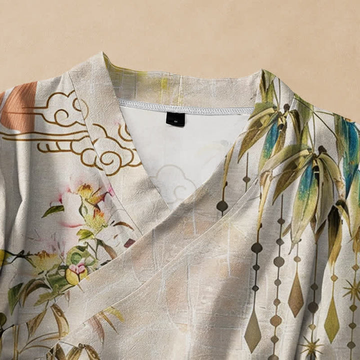 Buddha Stones Cotton Cloud Leaf Tassel Print Hanfu Style Wrap V-Neck Lace-up Women's Long Sleeve Shirts Kimono - image 2