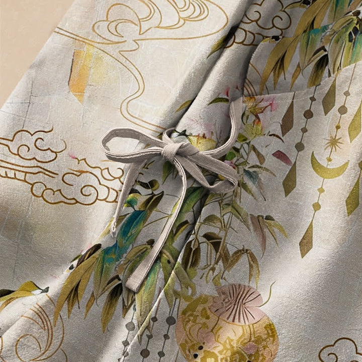 Buddha Stones Cotton Cloud Leaf Tassel Print Hanfu Style Wrap V-Neck Lace-up Women's Long Sleeve Shirts Kimono - image 3
