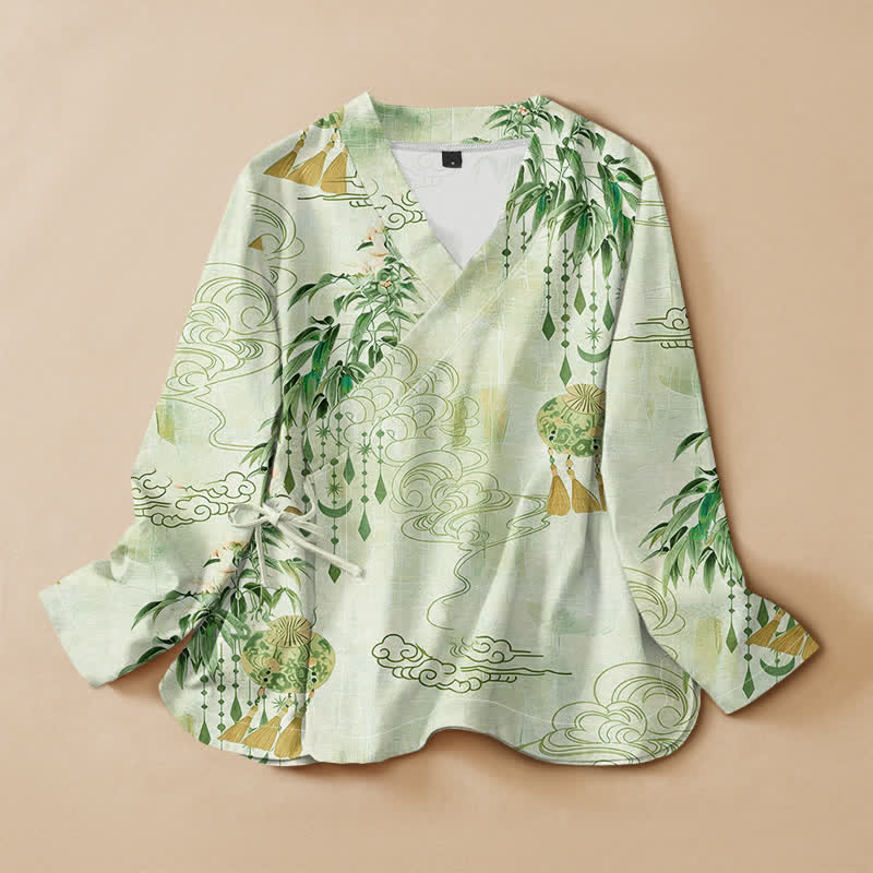 Buddha Stones Cotton Cloud Leaf Tassel Print Hanfu Style Wrap V-Neck Lace-up Women's Long Sleeve Shirts Kimono - Honeydew - US16，UK/AU20，EU48 (3XL) - image 7