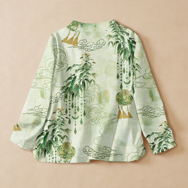 Buddha Stones Cotton Cloud Leaf Tassel Print Hanfu Style Wrap V-Neck Lace-up Women's Long Sleeve Shirts Kimono - image 8