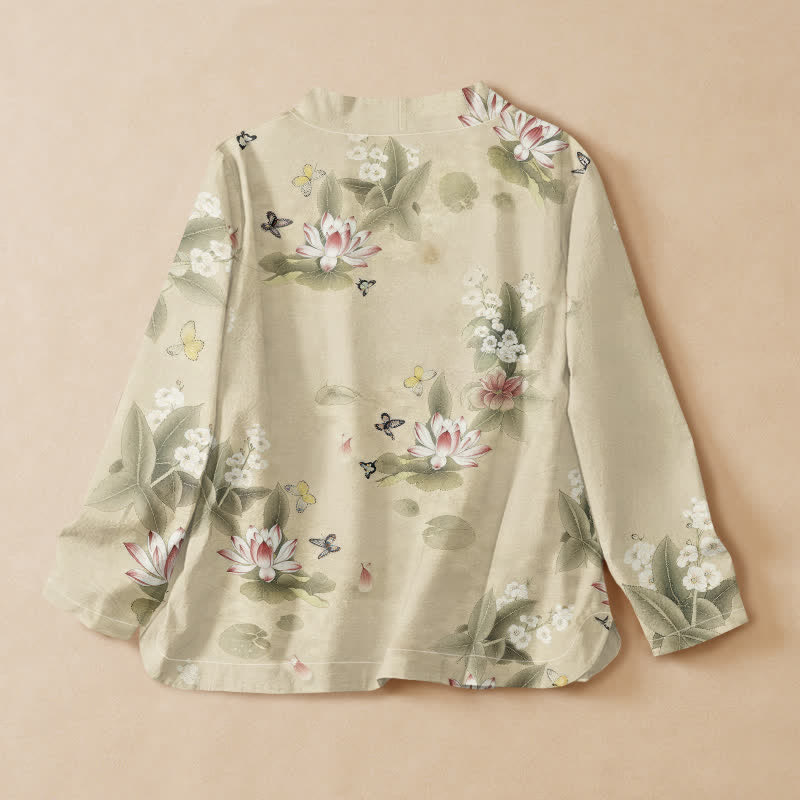 Buddha Stones Cotton Lotus Leaf Butterfly Print Hanfu Style Wrap V-Neck Lace-up Women's Long Sleeve Shirts - image 1