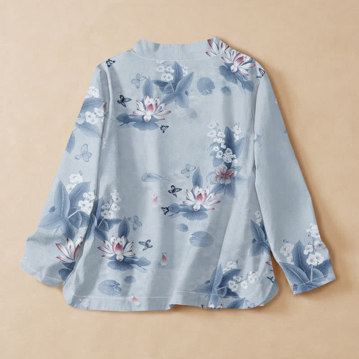 Buddha Stones Cotton Lotus Leaf Butterfly Print Hanfu Style Wrap V-Neck Lace-up Women's Long Sleeve Shirts Kimono - image 6