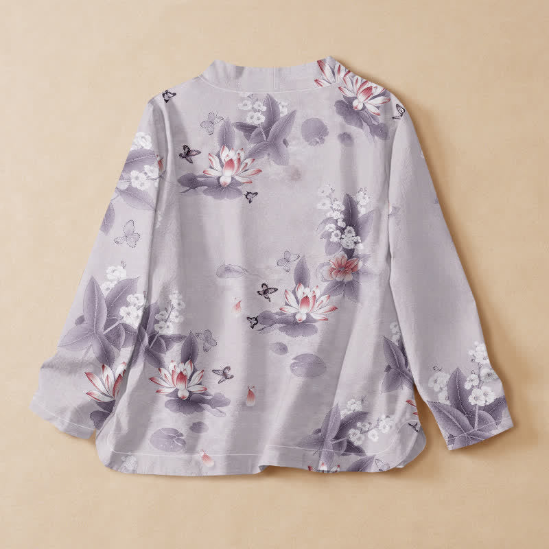 Buddha Stones Cotton Lotus Leaf Butterfly Print Hanfu Style Wrap V-Neck Lace-up Women's Long Sleeve Shirts Kimono - image 8