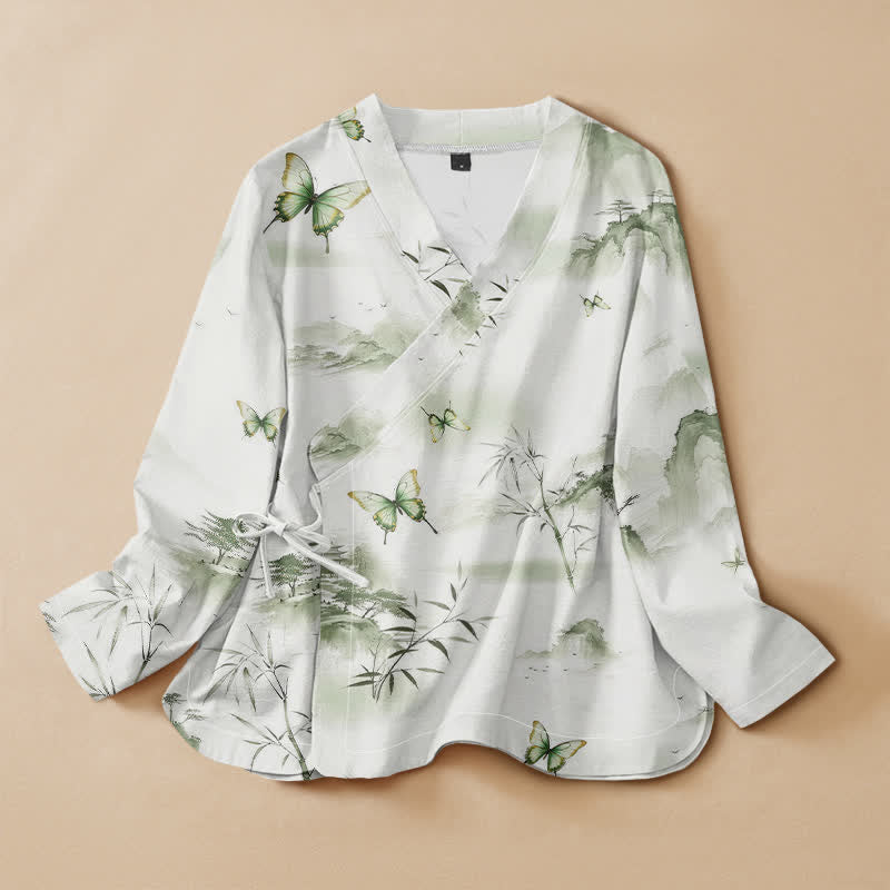 Buddha Stones Cotton Bamboo Butterfly Print Hanfu Style Wrap V-Neck Lace-up Women's Long Sleeve Shirts - DarkSeaGreen - US16，UK/AU20，EU48 (3XL) - image 0