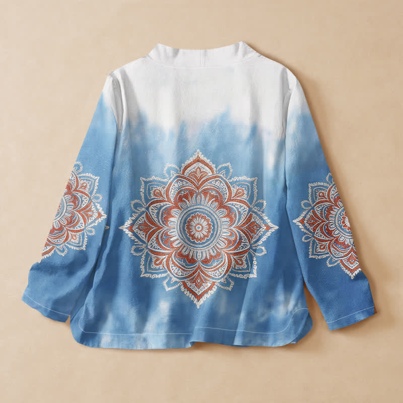 Buddha Stones Cotton Boho Mandala Print Hanfu Style Wrap V-Neck Lace-up Women's Long Sleeve Shirts - image 1