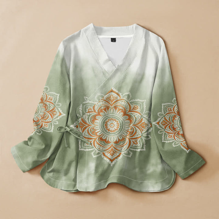 Buddha Stones Cotton Boho Mandala Print Hanfu Style Wrap V-Neck Lace-up Women's Long Sleeve Shirts Kimono - DarkSeaGreen - US16，UK/AU20，EU48 (3XL) - image 5