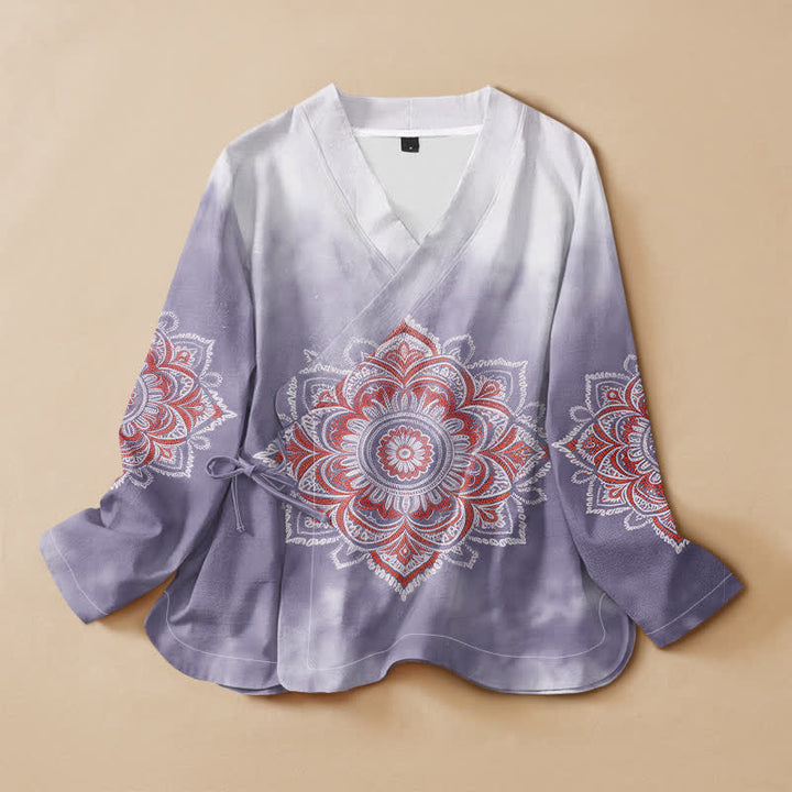 Buddha Stones Cotton Boho Mandala Print Hanfu Style Wrap V-Neck Lace-up Women's Long Sleeve Shirts Kimono - Thistle - US16，UK/AU20，EU48 (3XL) - image 7