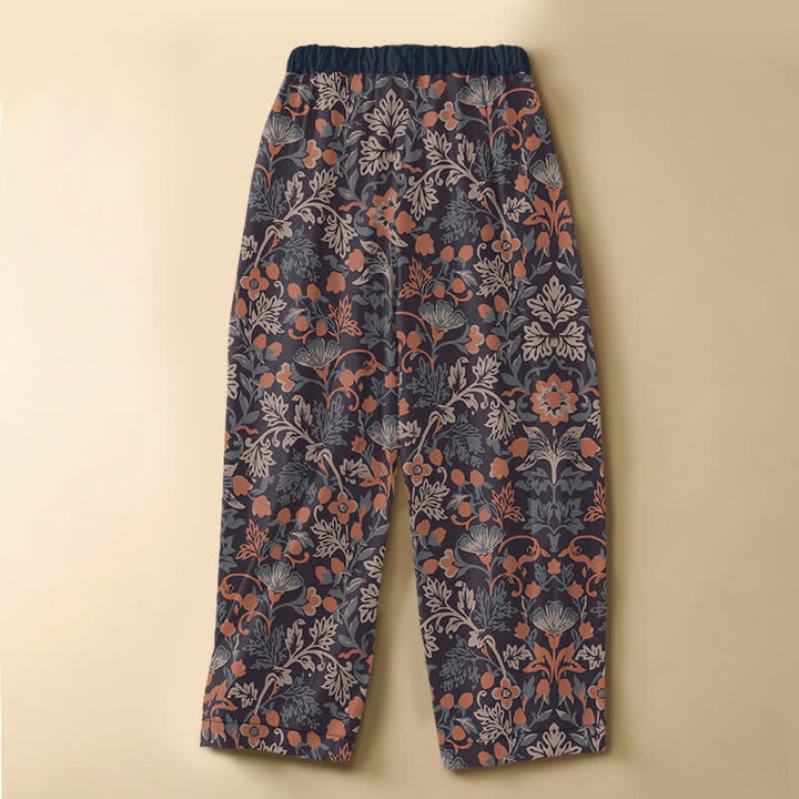 Buddha Stones Pure Cotton Bohemian Floral Vine Pattern Frog Button Women's Elastic Waist Harem Pants With Pockets - image 1