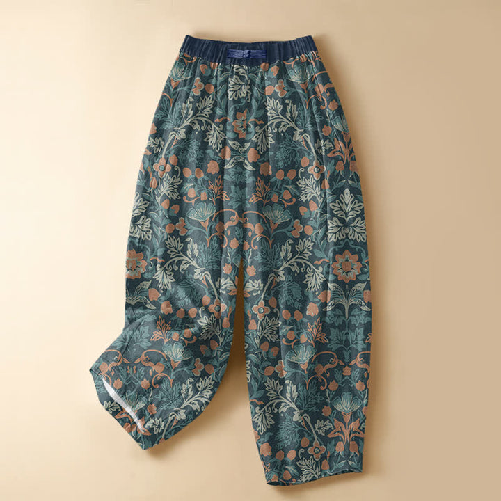 Buddha Stones Pure Cotton Bohemian Floral Vine Pattern Frog Button Women's Elastic Waist Harem Pants With Pockets - Teal - US16，UK/AU20，EU48 (3XL) - image 7