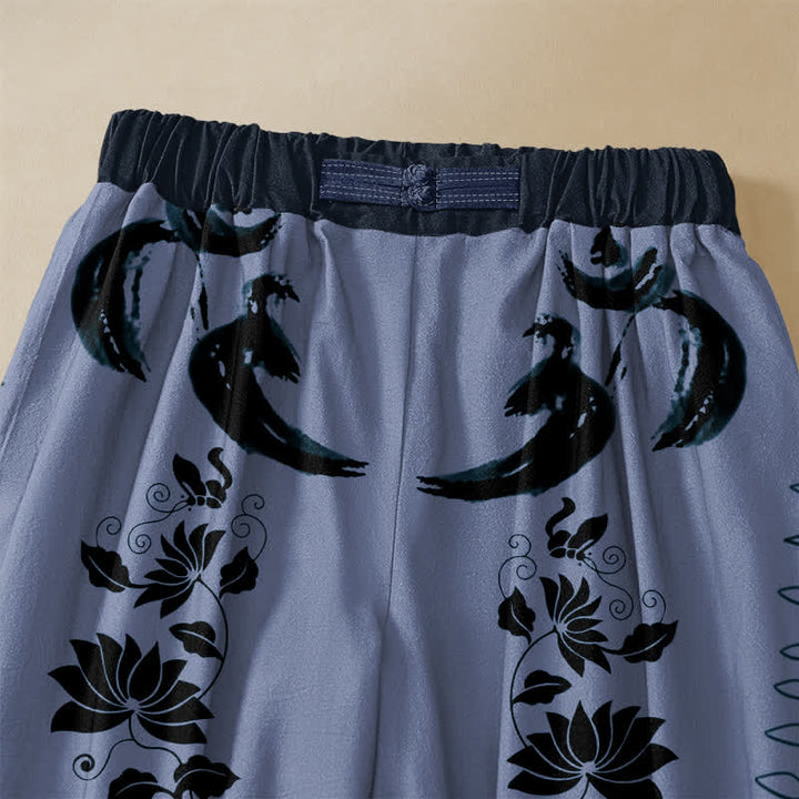 Buddha Stones Pure Cotton Ethnic Dharma Wheel Lotus OM Pattern Frog Button Women's Elastic Waist Harem Pants With Pockets - image 2
