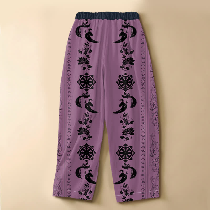 Buddha Stones Pure Cotton Ethnic Dharma Wheel Lotus OM Pattern Frog Button Women's Elastic Waist Harem Pants With Pockets - image 6