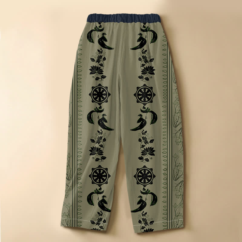 Buddha Stones Pure Cotton Ethnic Dharma Wheel Lotus OM Pattern Frog Button Women's Elastic Waist Harem Pants With Pockets - image 8