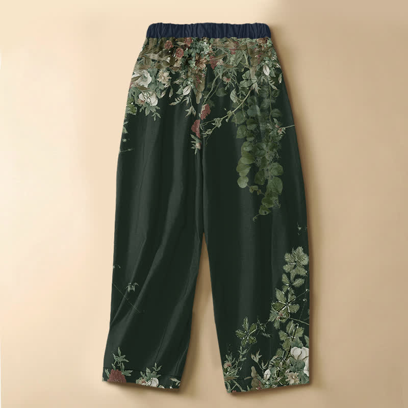 Buddha Stones Pure Cotton Vintage Peony Floral Vine Pattern Frog Button Women's Elastic Waist Harem Pants With Pockets - image 6