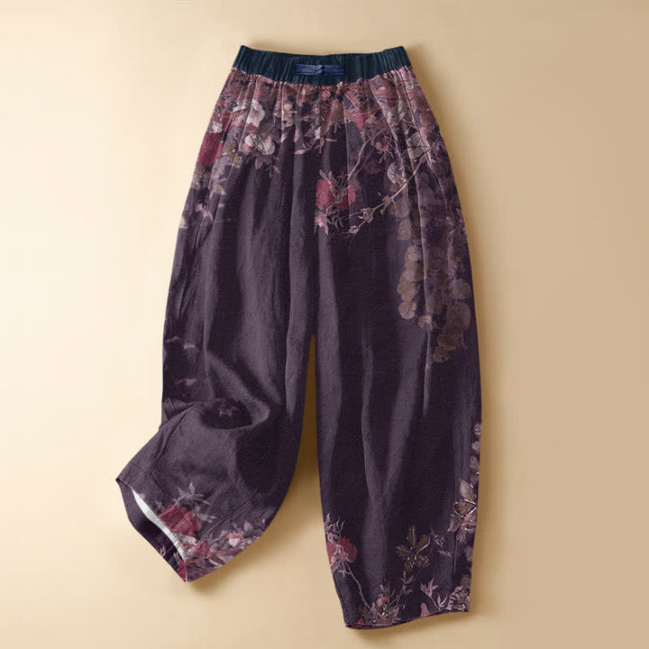 Buddha Stones Pure Cotton Vintage Peony Floral Vine Pattern Frog Button Women's Elastic Waist Harem Pants With Pockets - Purple - US16，UK/AU20，EU48 (3XL) - image 7