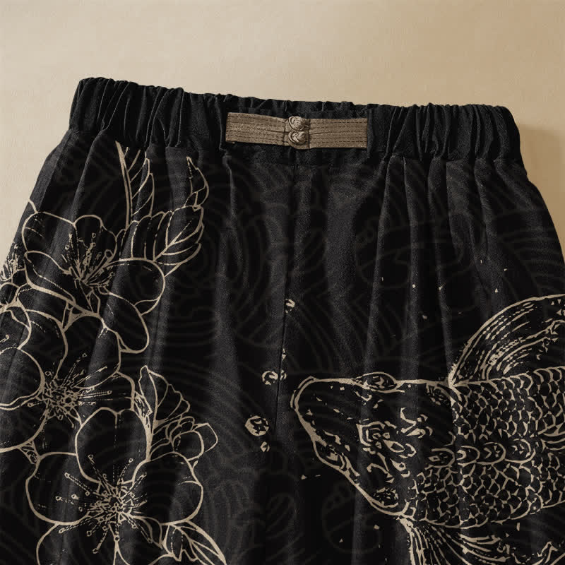 Buddha Stones Pure Cotton Koi Fish Flower Pattern Frog Button Women's Elastic Waist Harem Pants With Pockets - image 2