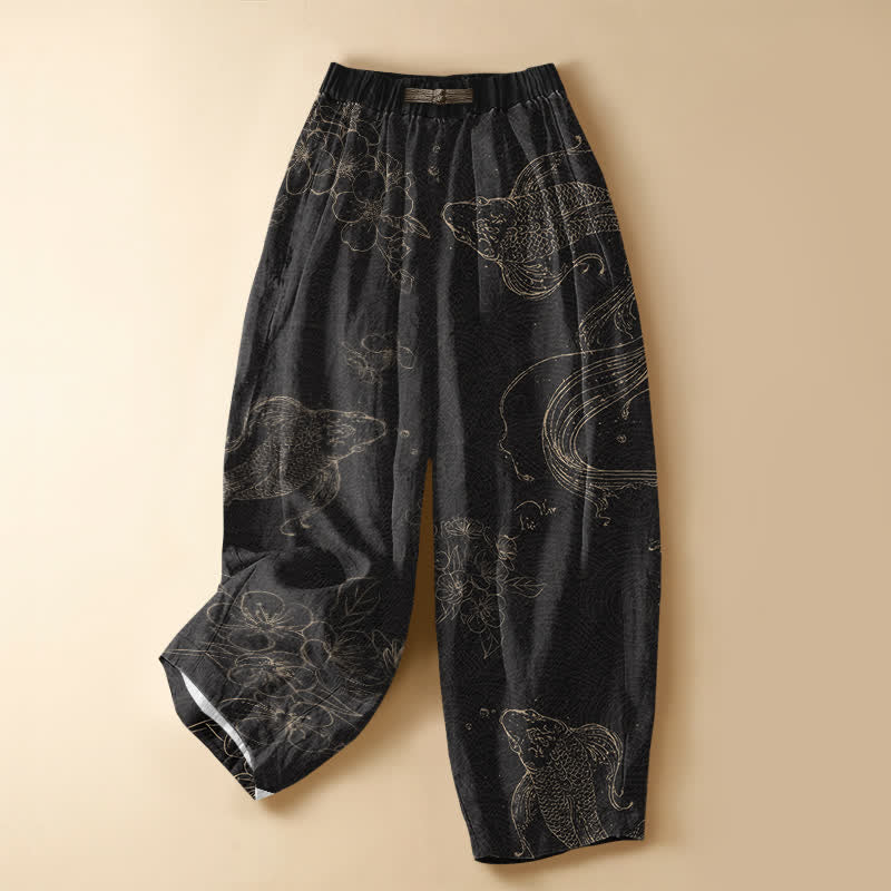 Buddha Stones Pure Cotton Koi Fish Flower Pattern Frog Button Women's Elastic Waist Harem Pants With Pockets - Black - US16，UK/AU20，EU48 (3XL) - image 0