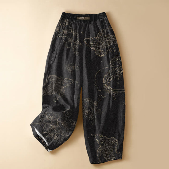 Buddha Stones Pure Cotton Koi Fish Flower Pattern Frog Button Women's Elastic Waist Harem Pants With Pockets - Black - US16，UK/AU20，EU48 (3XL) - image 0