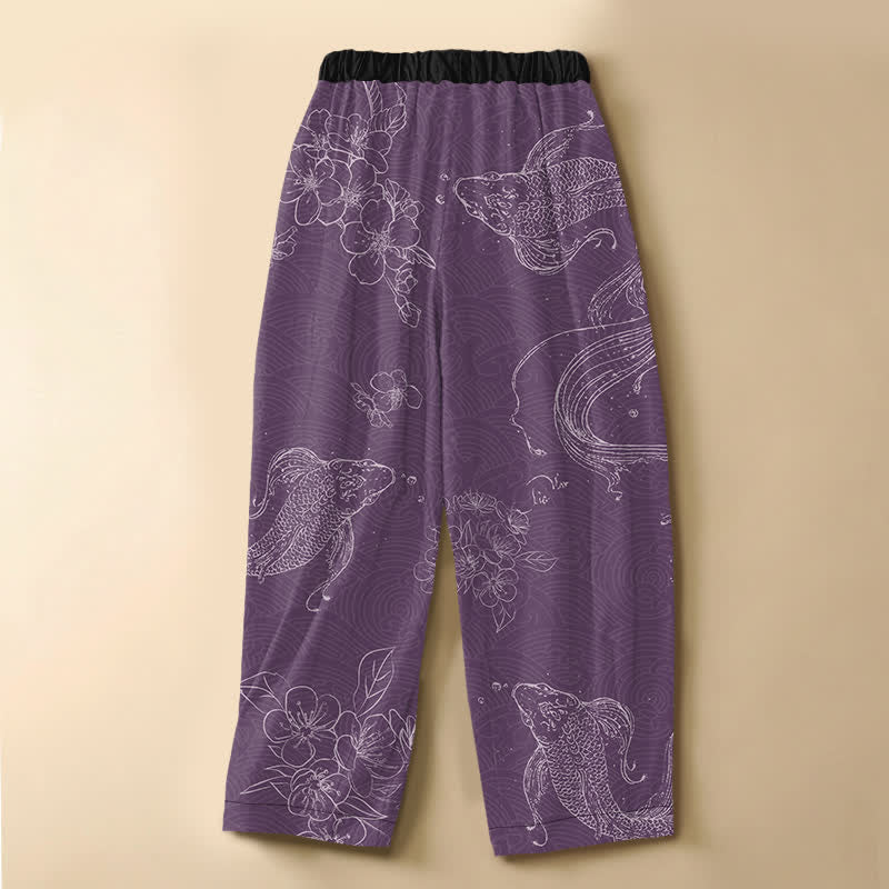 Buddha Stones Pure Cotton Koi Fish Flower Pattern Frog Button Women's Elastic Waist Harem Pants With Pockets - image 6