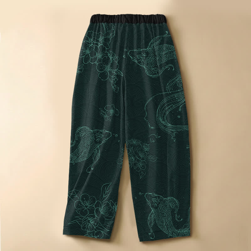 Buddha Stones Pure Cotton Koi Fish Flower Pattern Frog Button Women's Elastic Waist Harem Pants With Pockets - image 8